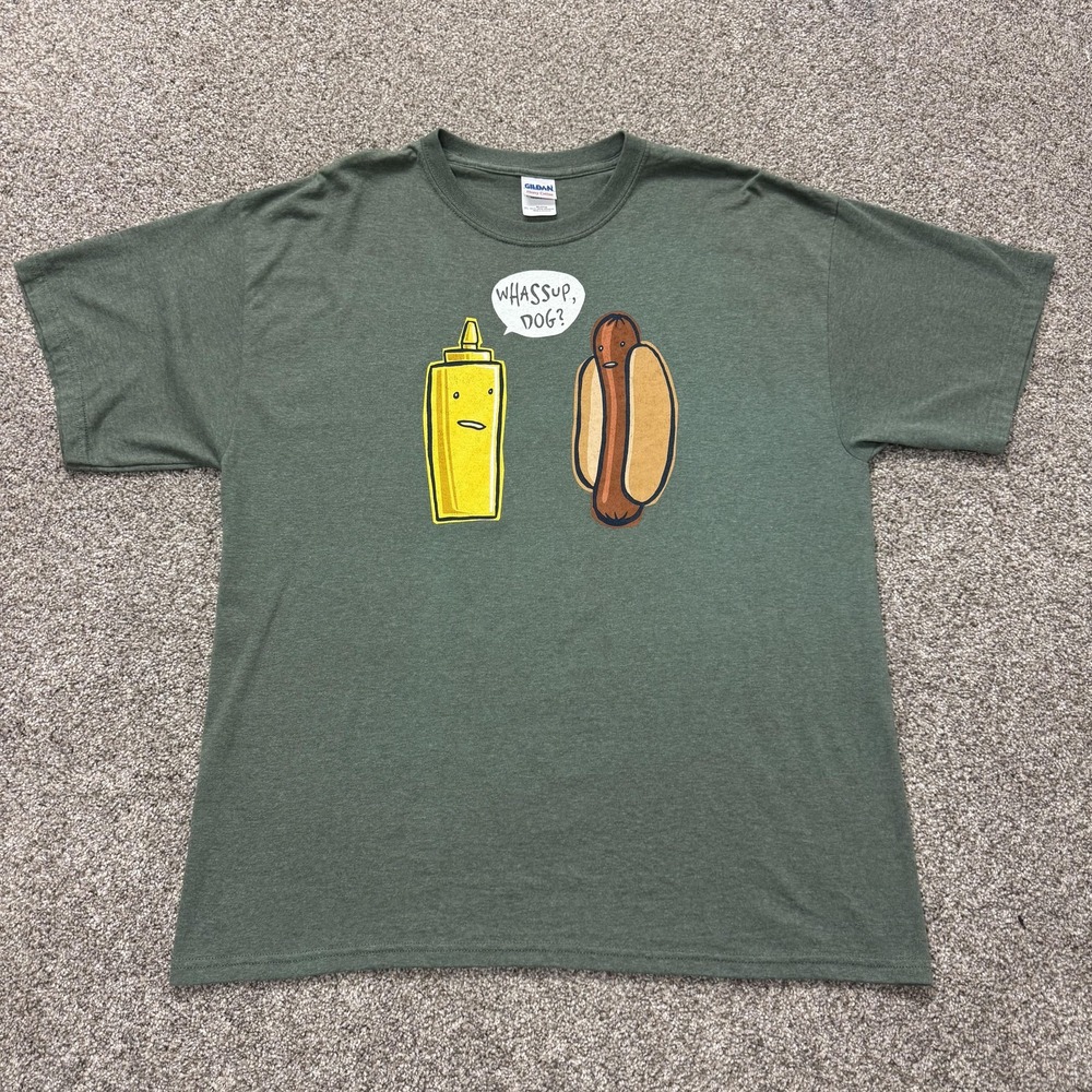 Gildan Shirt Mens XL Green Mustard Hot Dog Whassup Dog Graphic Tee T-Shirt Funny